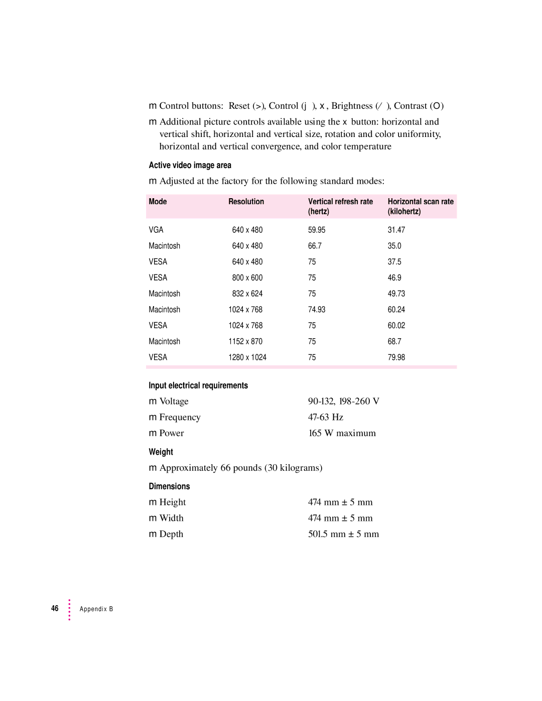 Apple 20Display manual Adjusted at the factory for the following standard modes, Voltage, Frequency 47-63 Hz Power Maximum 