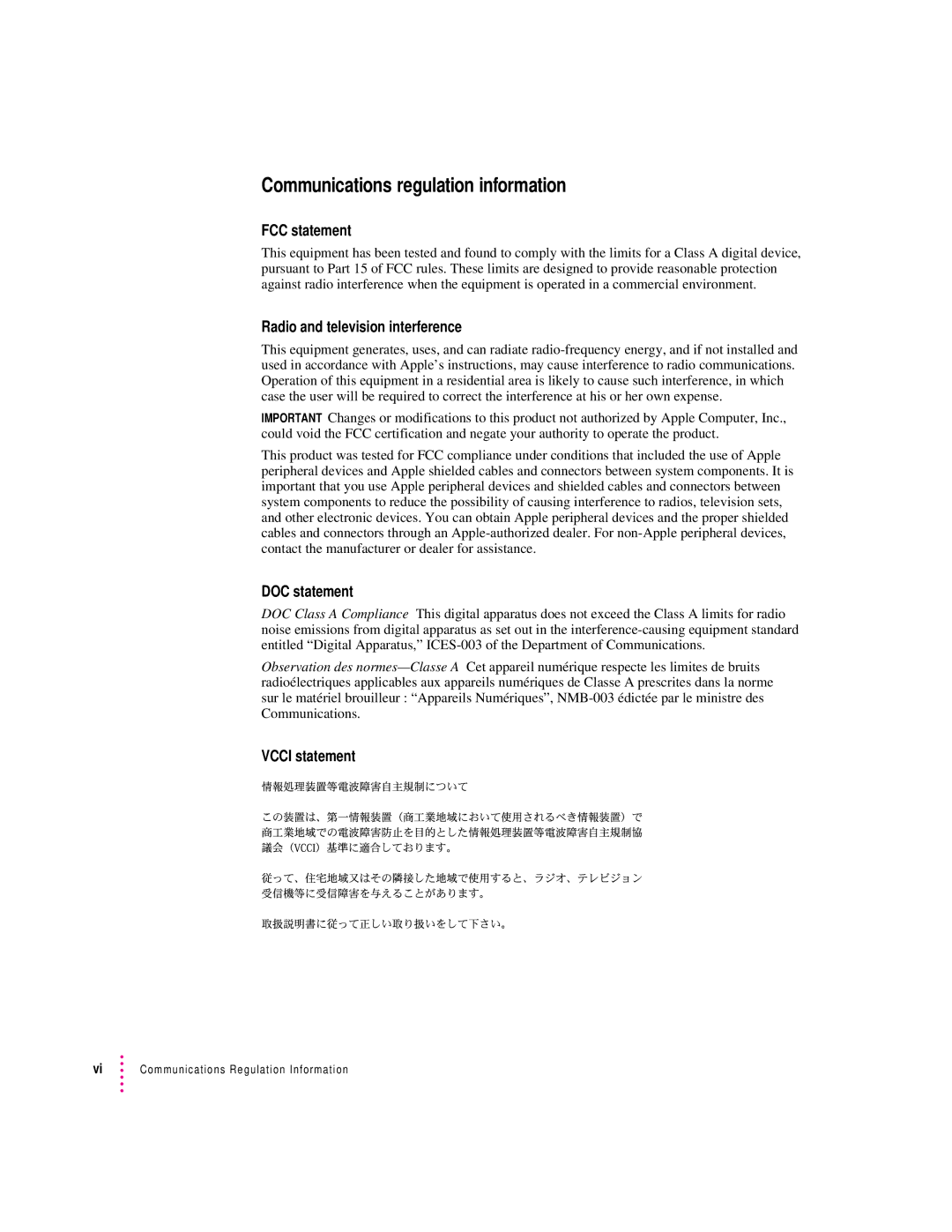 Apple 20Display manual FCC statement, Radio and television interference, DOC statement, Vcci statement 