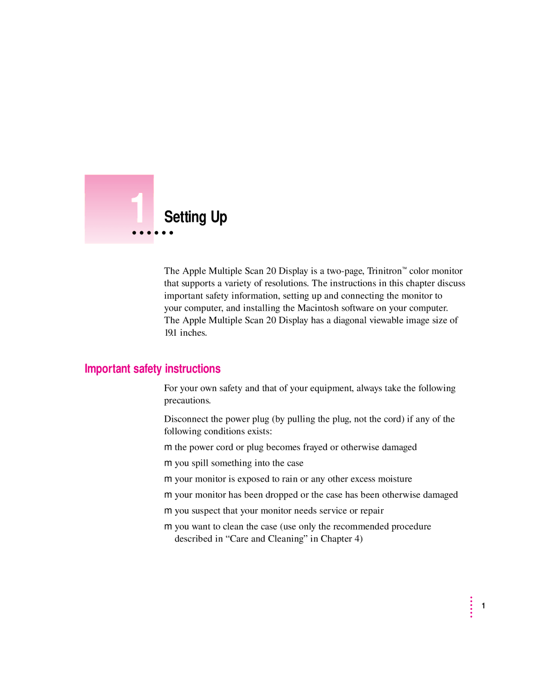 Apple 20Display manual Setting Up, Important safety instructions 