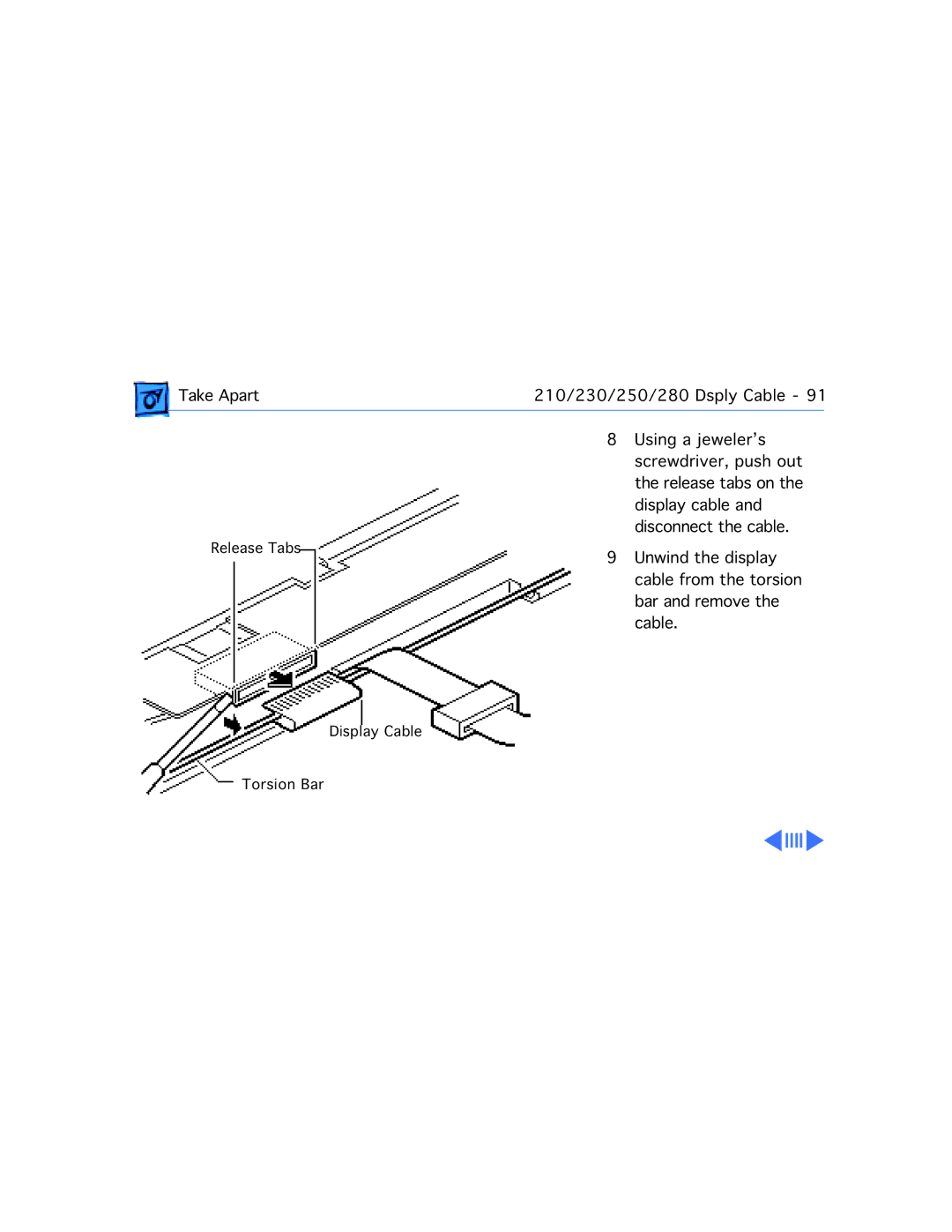 Apple 210 manual Release Tabs Display Cable Torsion Bar 