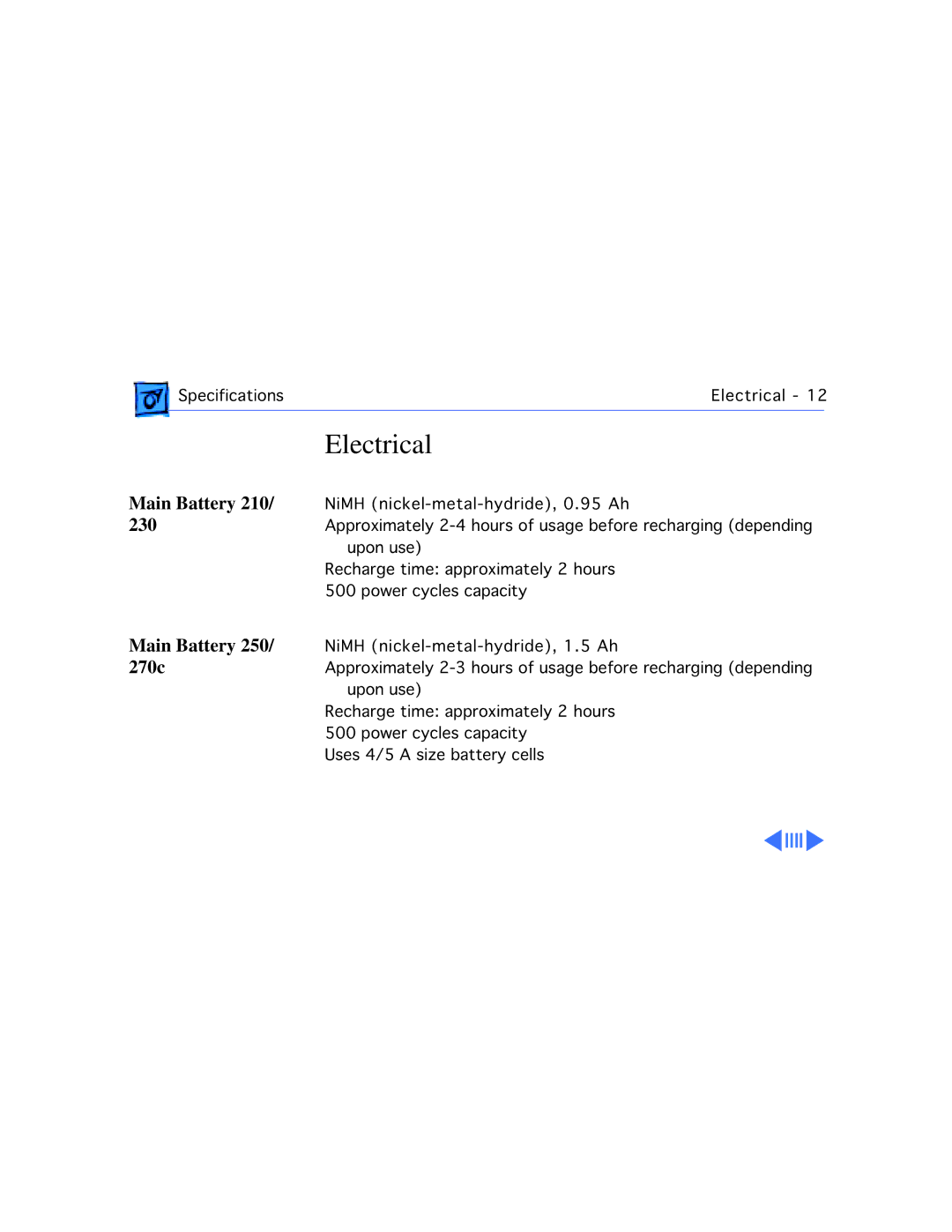 Apple 210 manual Electrical, Main Battery 250/ 270c 