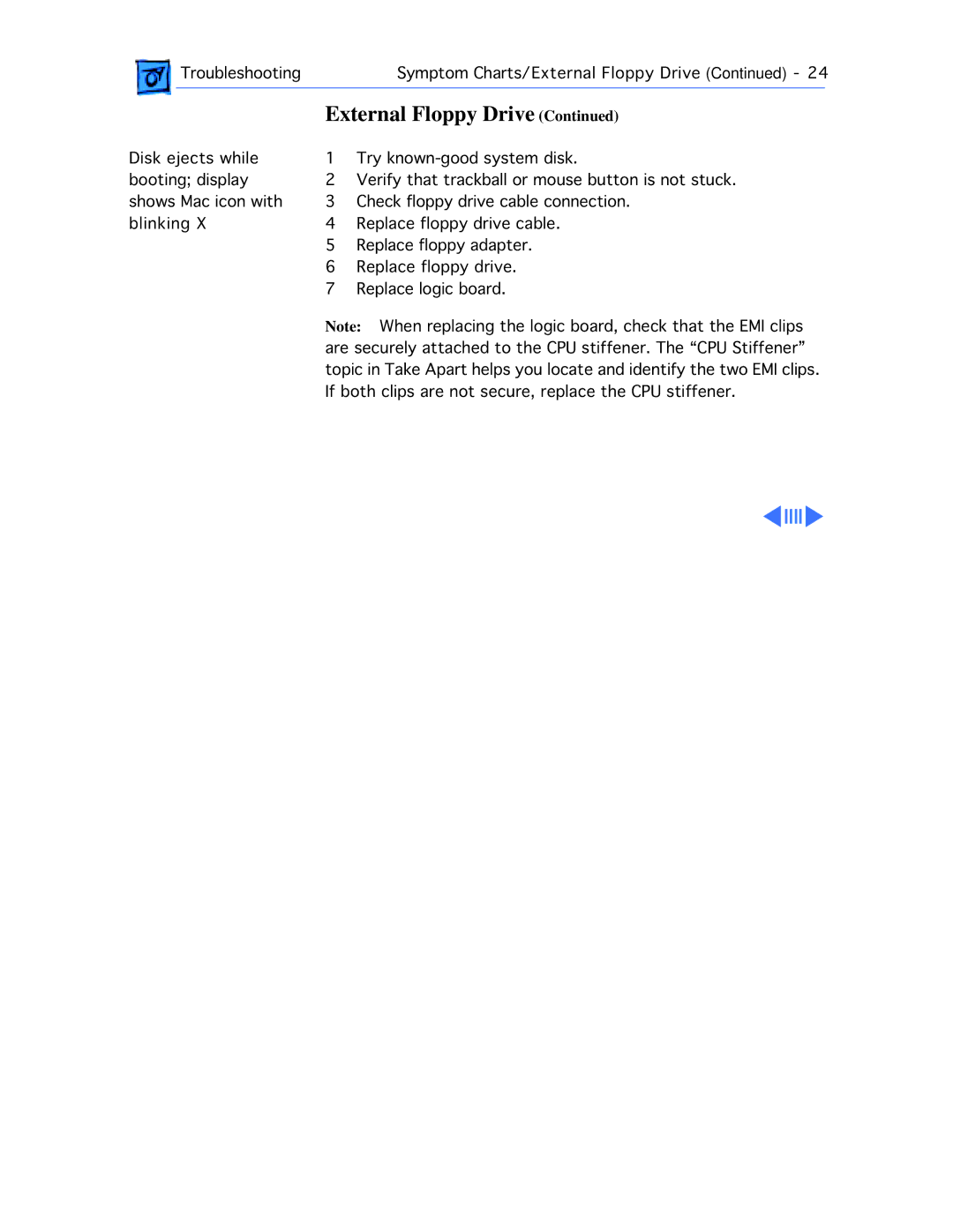 Apple 210 manual TroubleshootingSymptom Charts/External Floppy Drive 