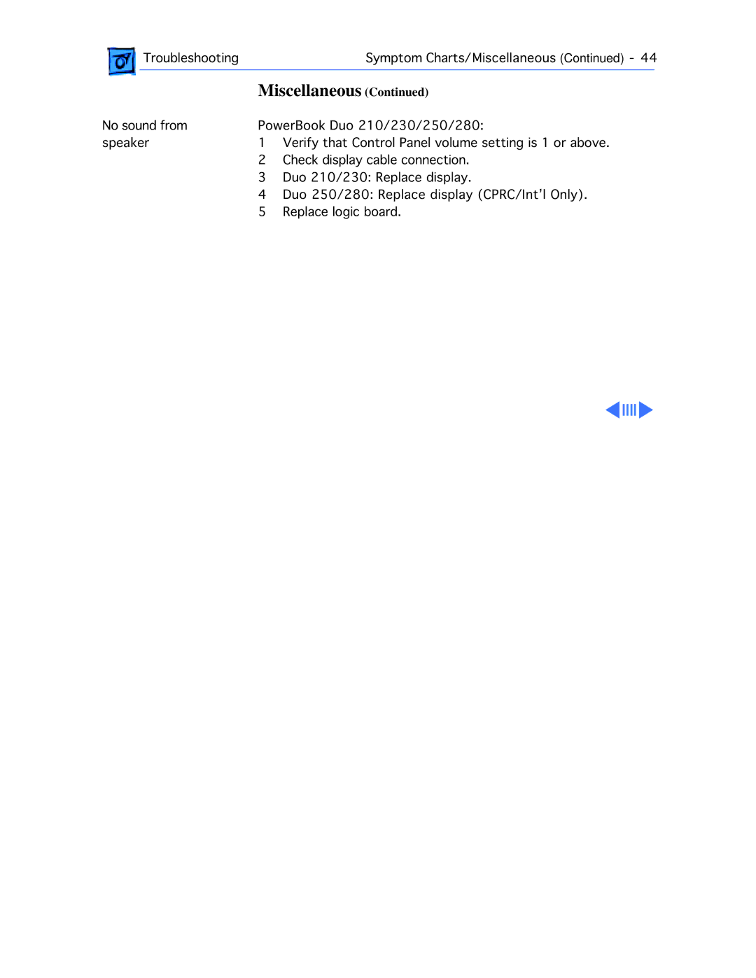 Apple 210 manual TroubleshootingSymptom Charts/Miscellaneous 