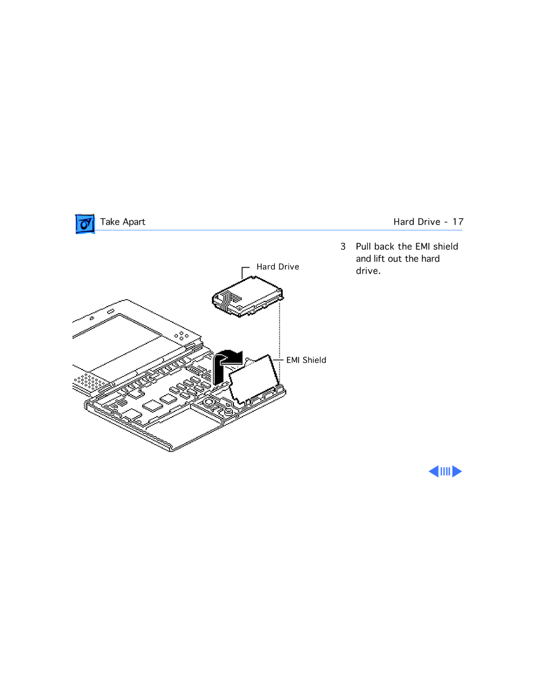 Apple 210 manual Take Apart Hard Drive Pull back the EMI shield 