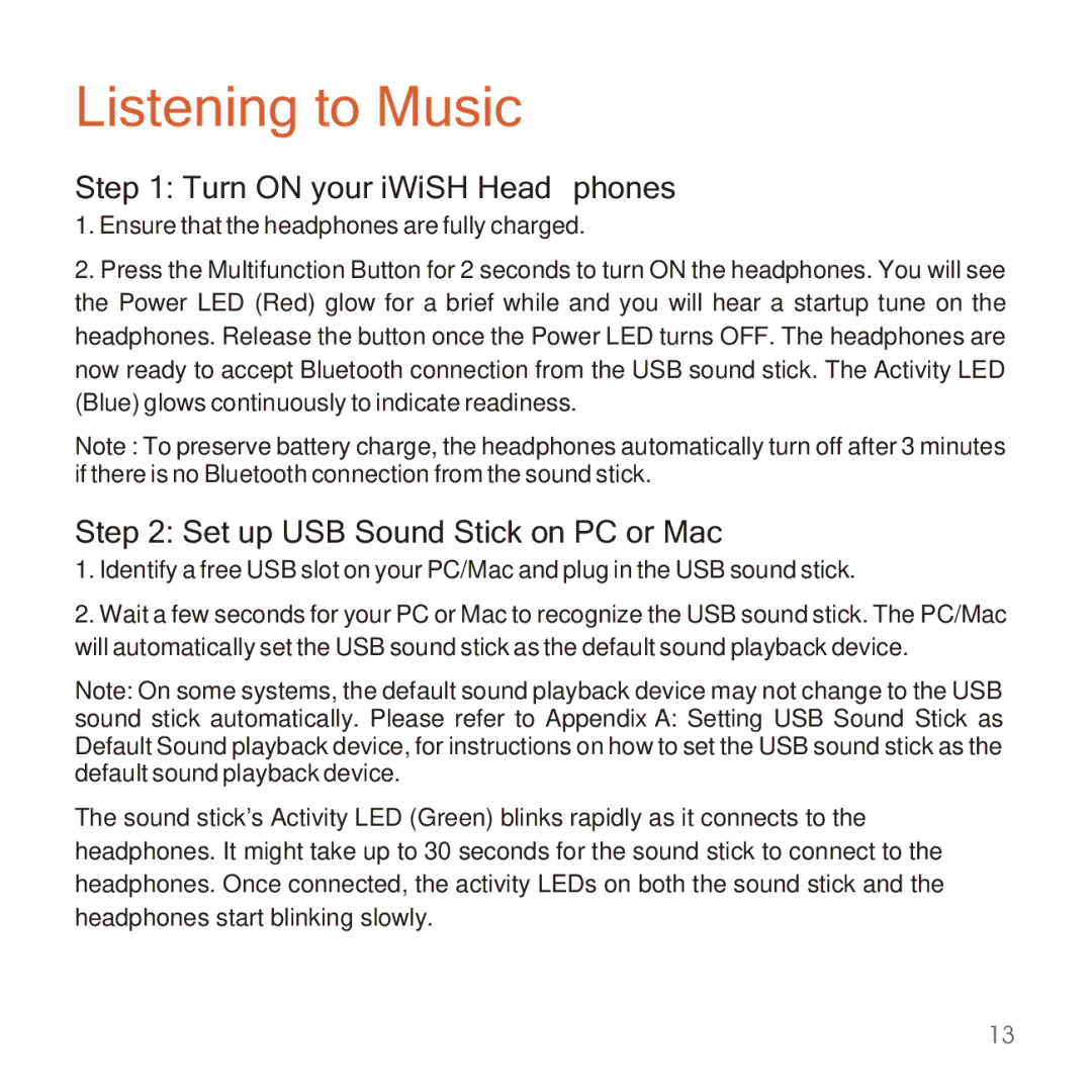 Apple 2210 manual Listening to Music, Turn on your iWiSH Headphones, Set up USB Sound Stick on PC or Mac 