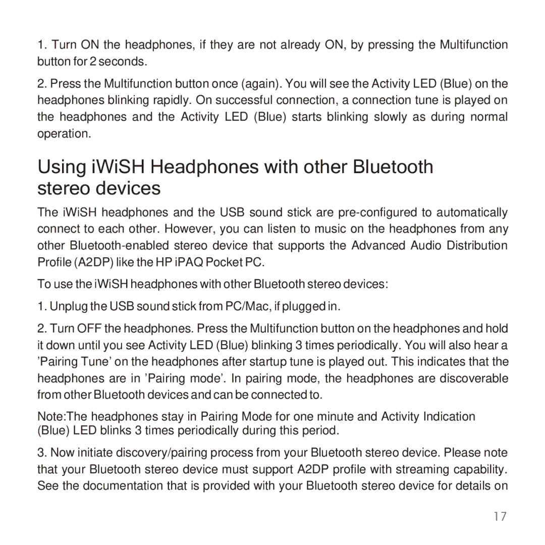 Apple 2210 manual Using iWiSH Headphones with other Bluetooth stereo devices 