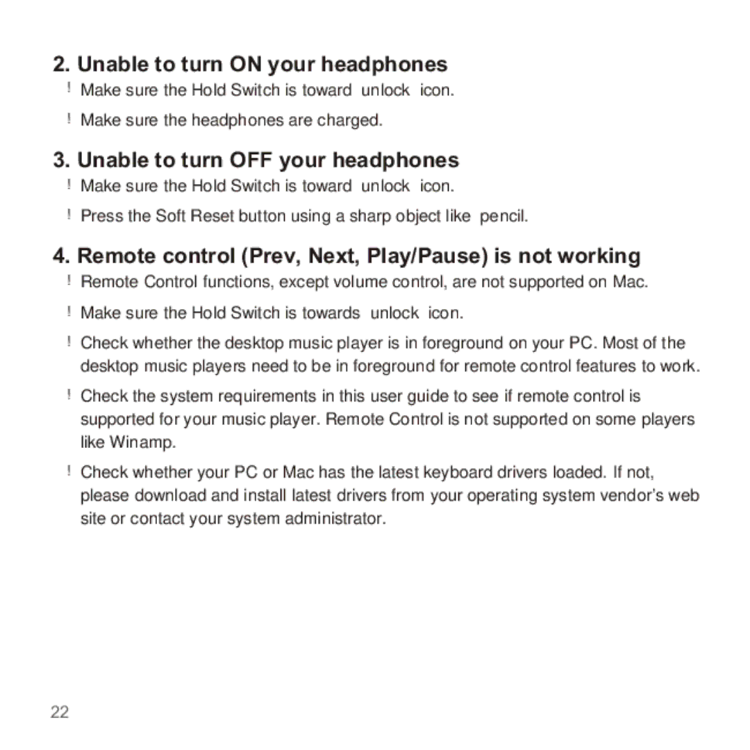 Apple 2210 manual Unable to turn on your headphones, Unable to turn OFF your headphones 