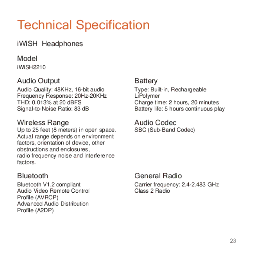 Apple 2210 manual Technical Specification, IWiSH Headphones, Audio Output Battery, Wireless Range Audio Codec 