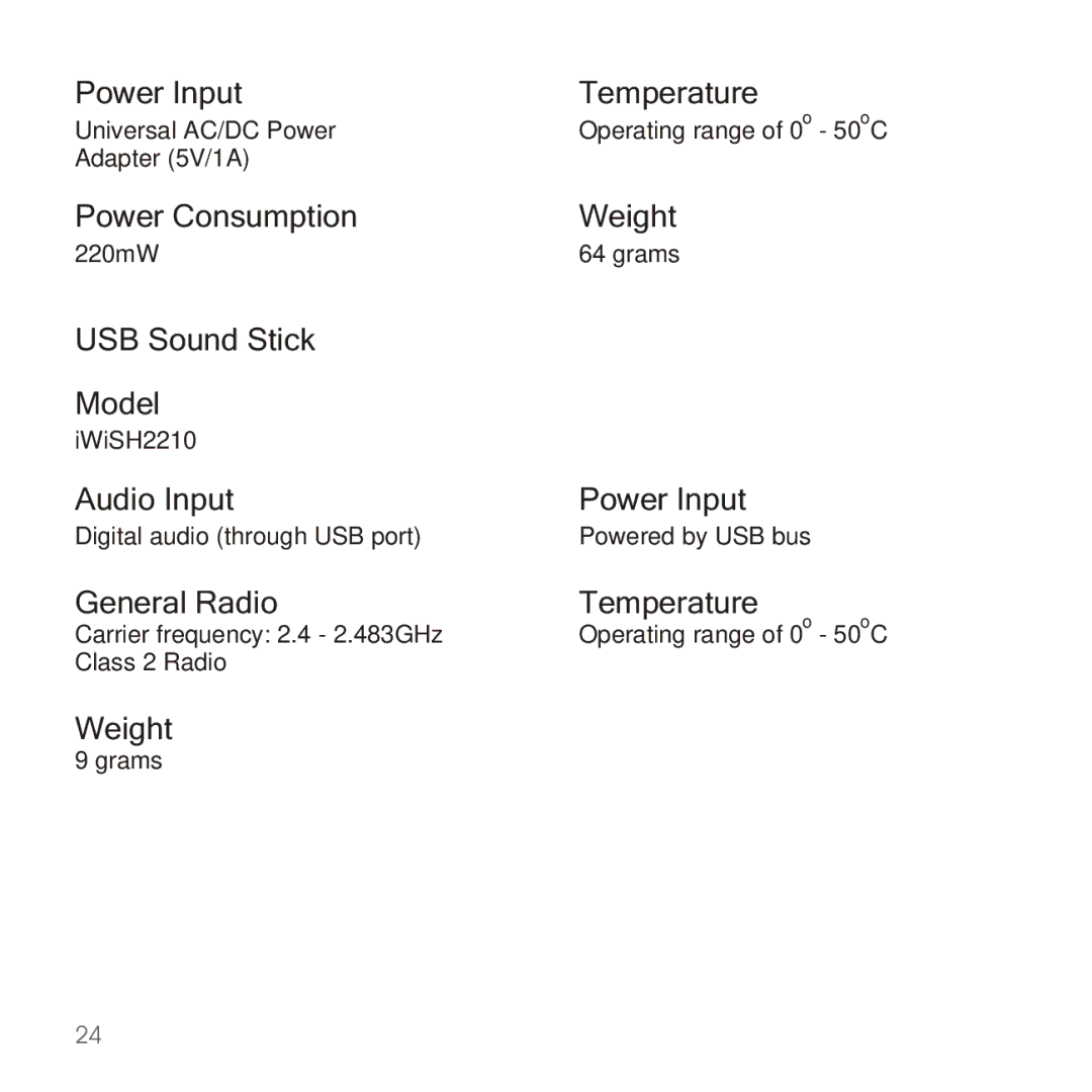 Apple 2210 manual Power Input Temperature, Power Consumption Weight, USB Sound Stick Model, Audio Input Power Input 