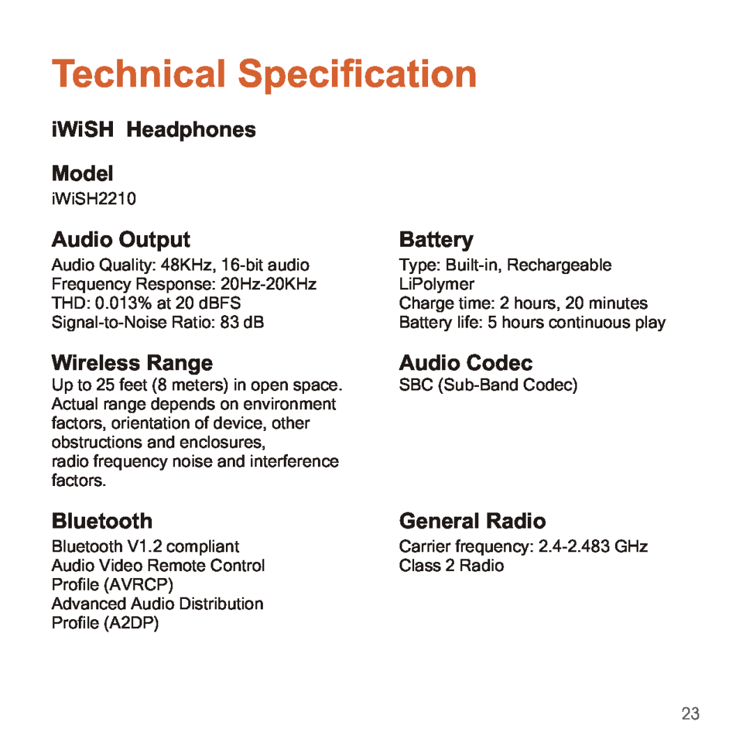 Apple 2210 manual Technical Specification, iWiSH Headphones, Audio Output, Battery, Wireless Range, Audio Codec, Bluetooth 