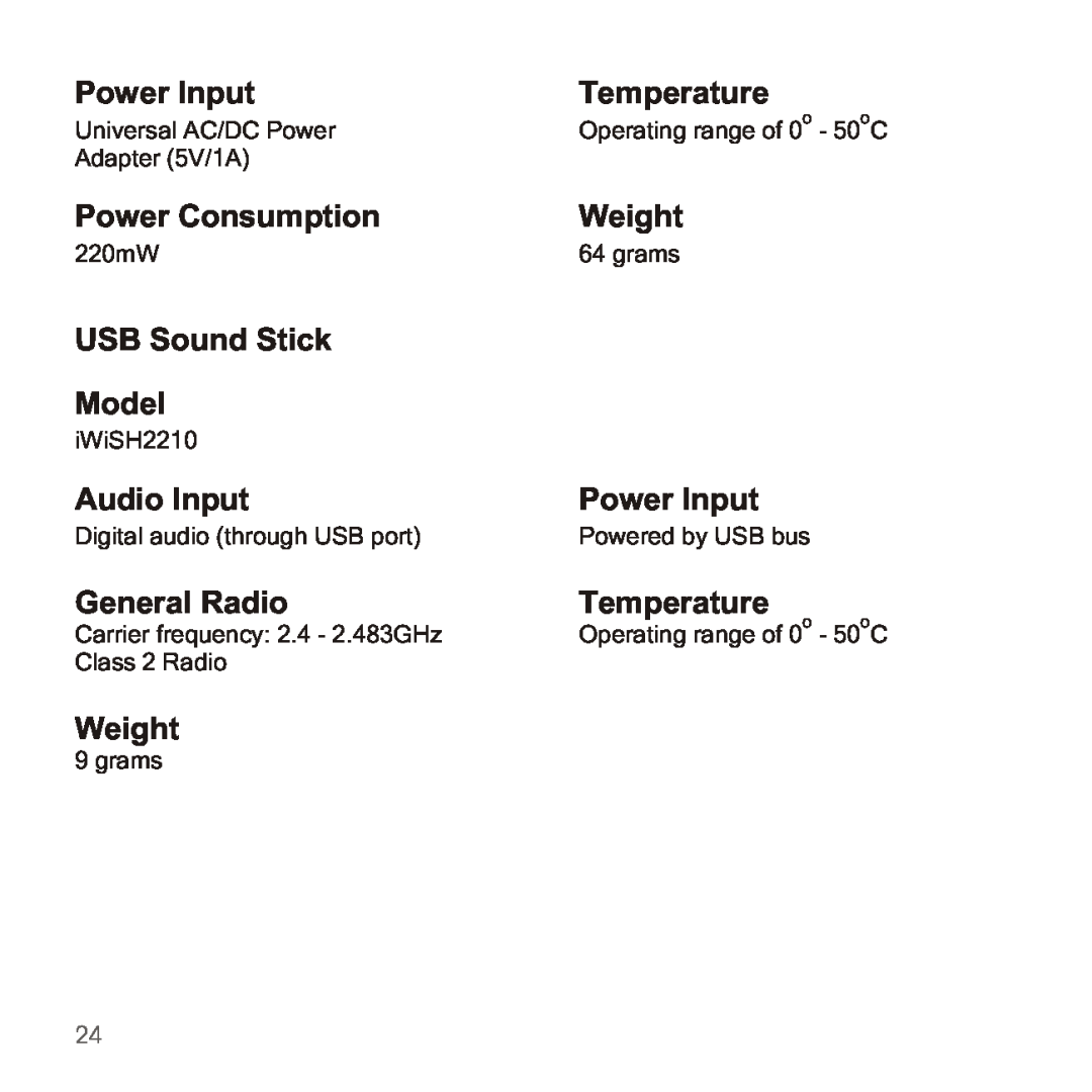 Apple 2210 Power Input, Power Consumption, Weight, USB Sound Stick, Model, Audio Input, Temperature o, General Radio 
