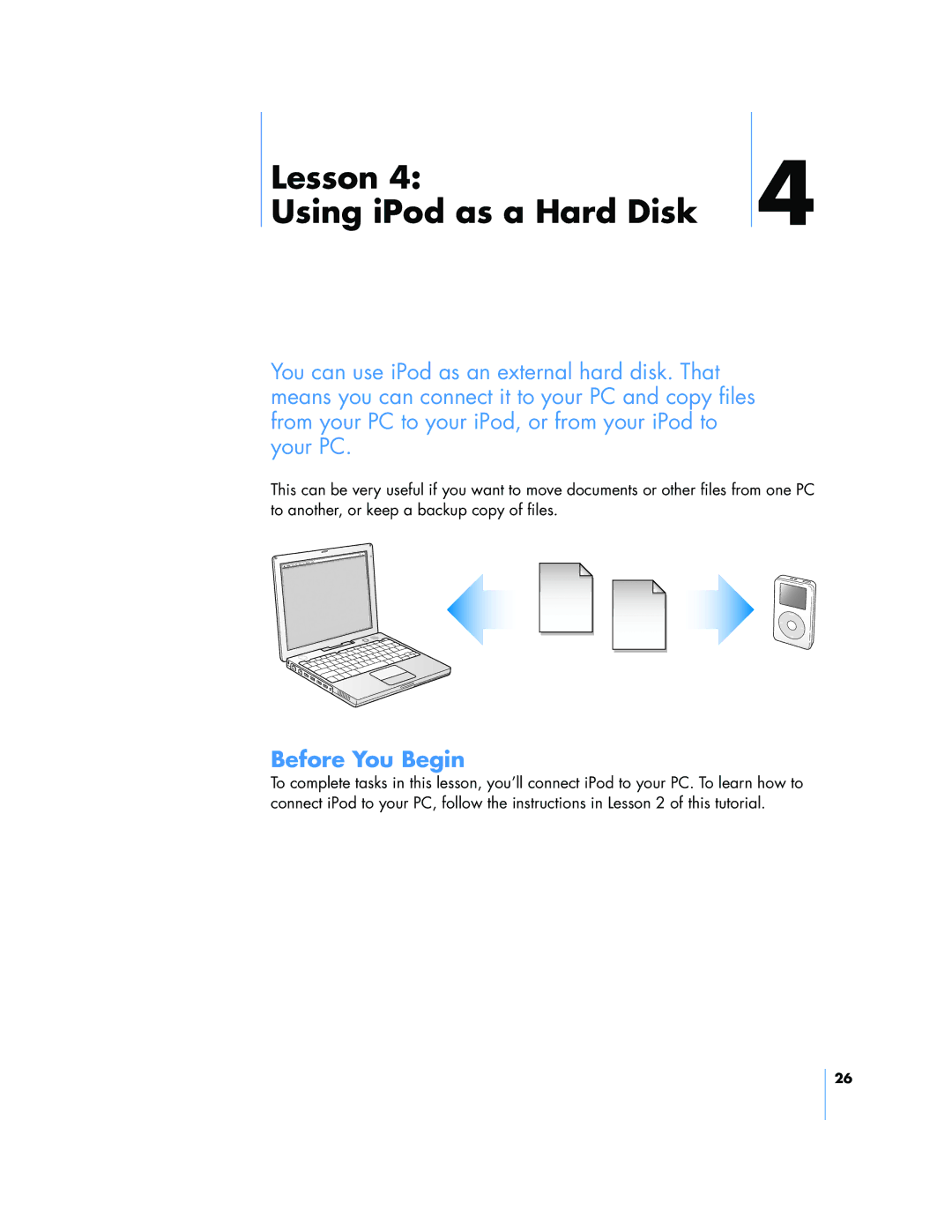 Apple 25, 23, 24 manual Lesson Using iPod as a Hard Disk, Before You Begin 