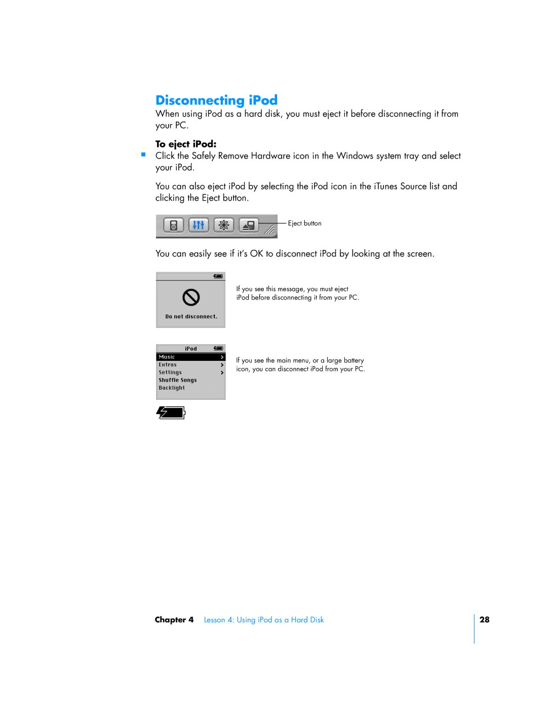 Apple 24, 23, 25 manual Disconnecting iPod, To eject iPod 