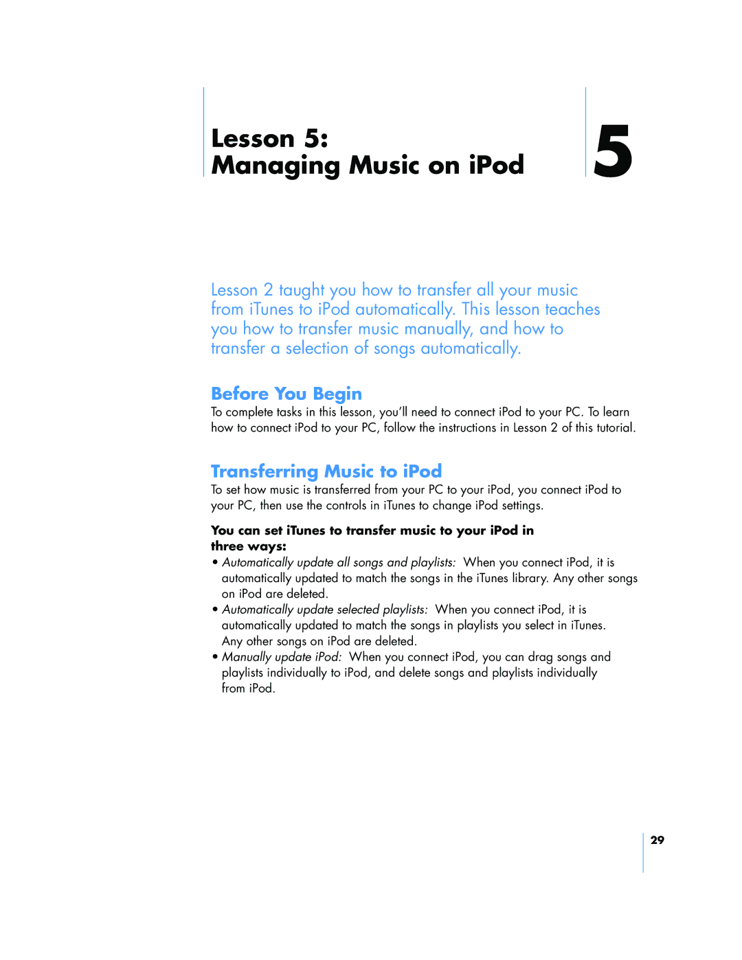 Apple 25, 23, 24 manual Lesson Managing Music on iPod, Before You Begin 