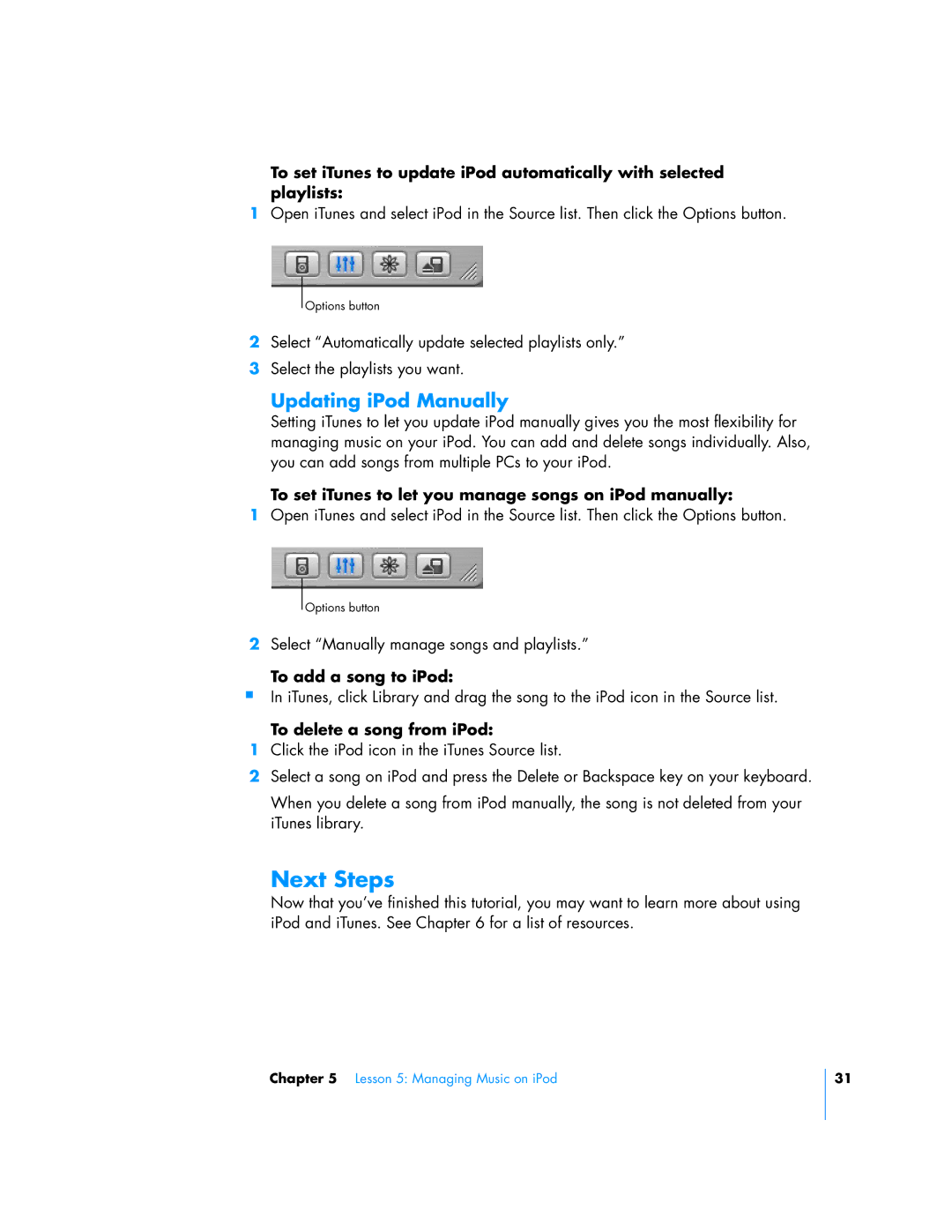 Apple 24, 23, 25 Next Steps, To set iTunes to let you manage songs on iPod manually, To add a song to iPod 
