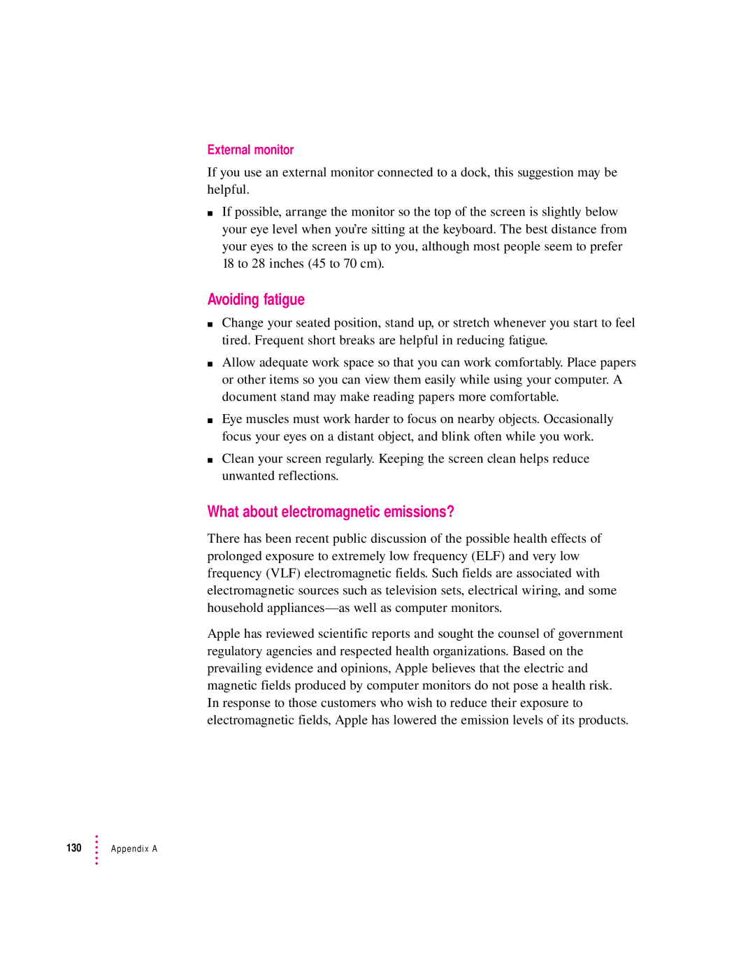 Apple 2300 Series manual Avoiding fatigue, What about electromagnetic emissions? 