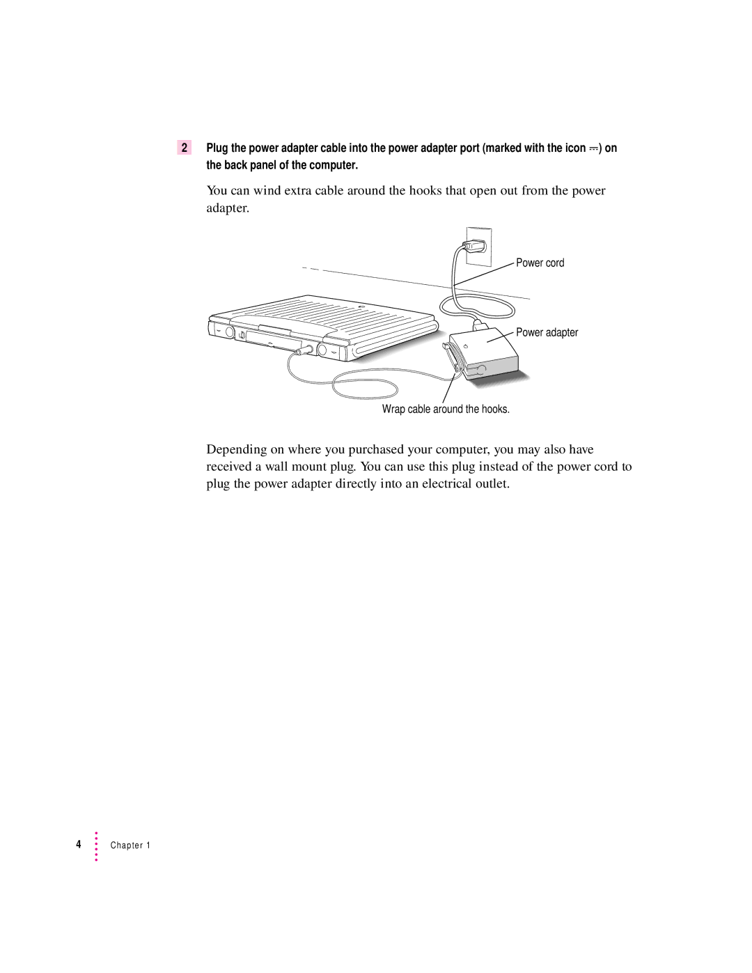 Apple 2300 Series manual Power cord Power adapter Wrap cable around the hooks 