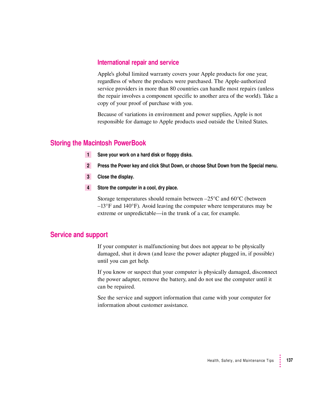 Apple 2300 Series manual Storing the Macintosh PowerBook, Service and support, International repair and service 