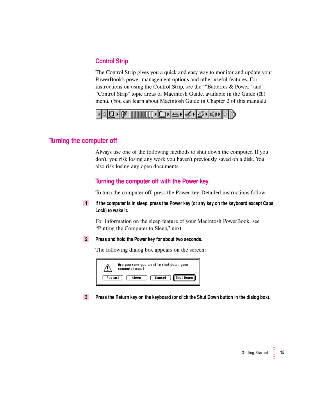 Apple 2300 Series manual Control Strip, Turning the computer off with the Power key 