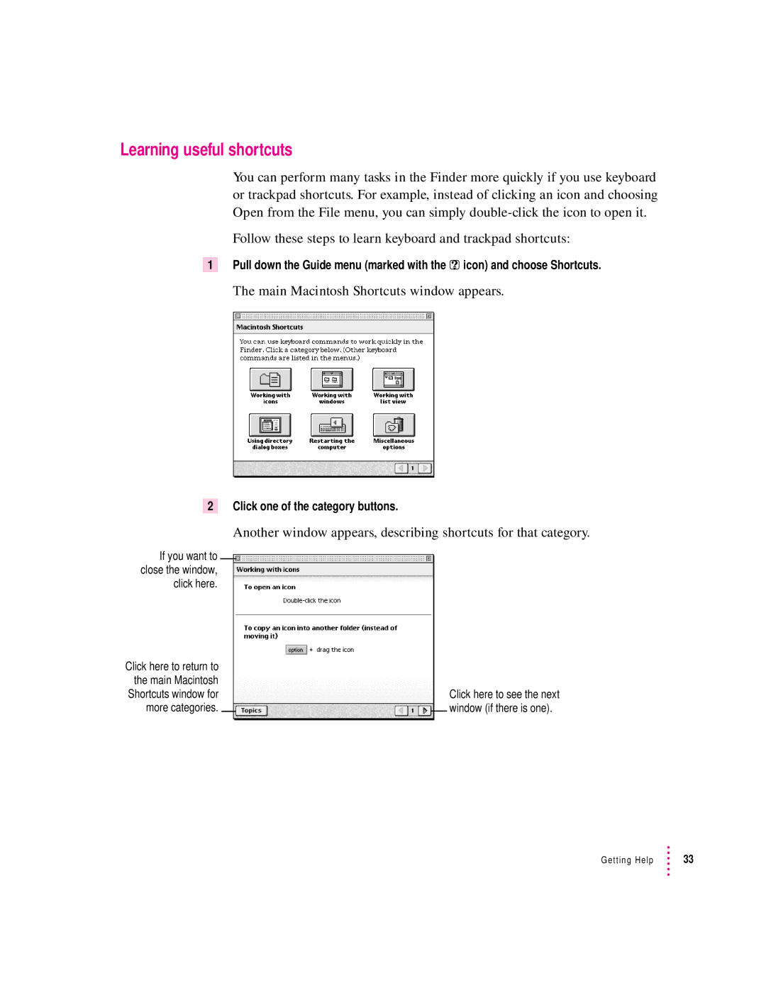 Apple 2300 Series manual Learning useful shortcuts, Main Macintosh Shortcuts window appears 