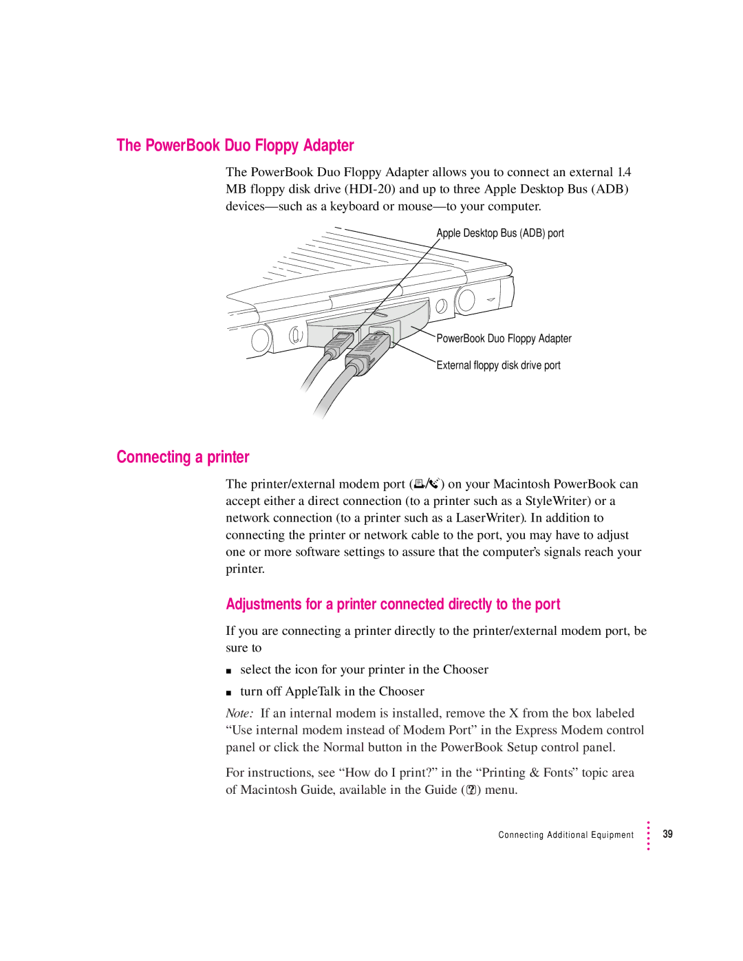 Apple 2300 Series manual PowerBook Duo Floppy Adapter, Connecting a printer 