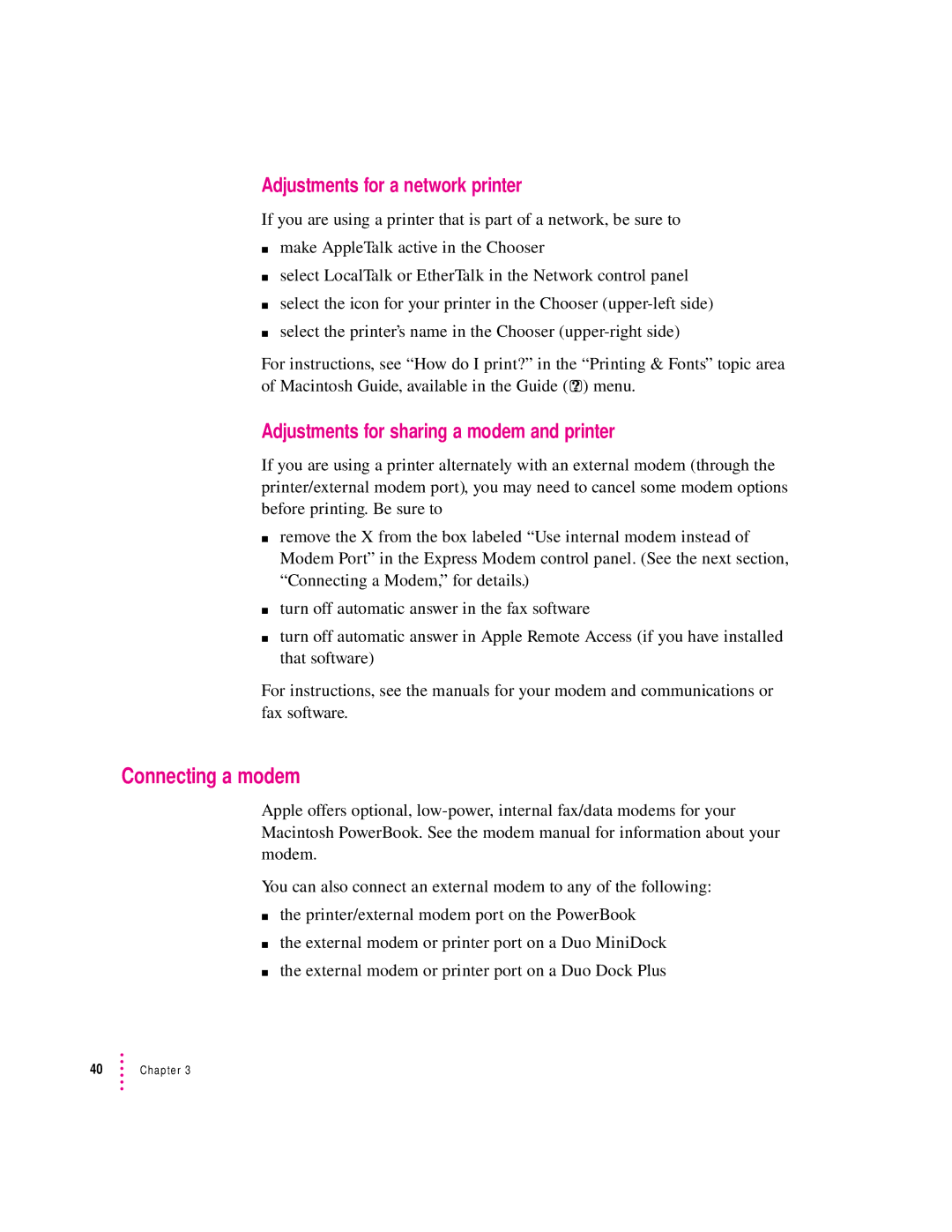 Apple 2300 Series manual Connecting a modem, Adjustments for a network printer, Adjustments for sharing a modem and printer 