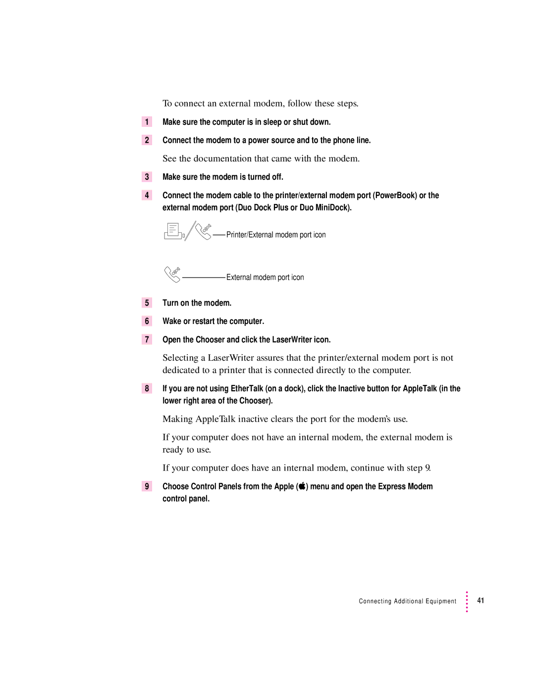 Apple 2300 Series manual To connect an external modem, follow these steps 