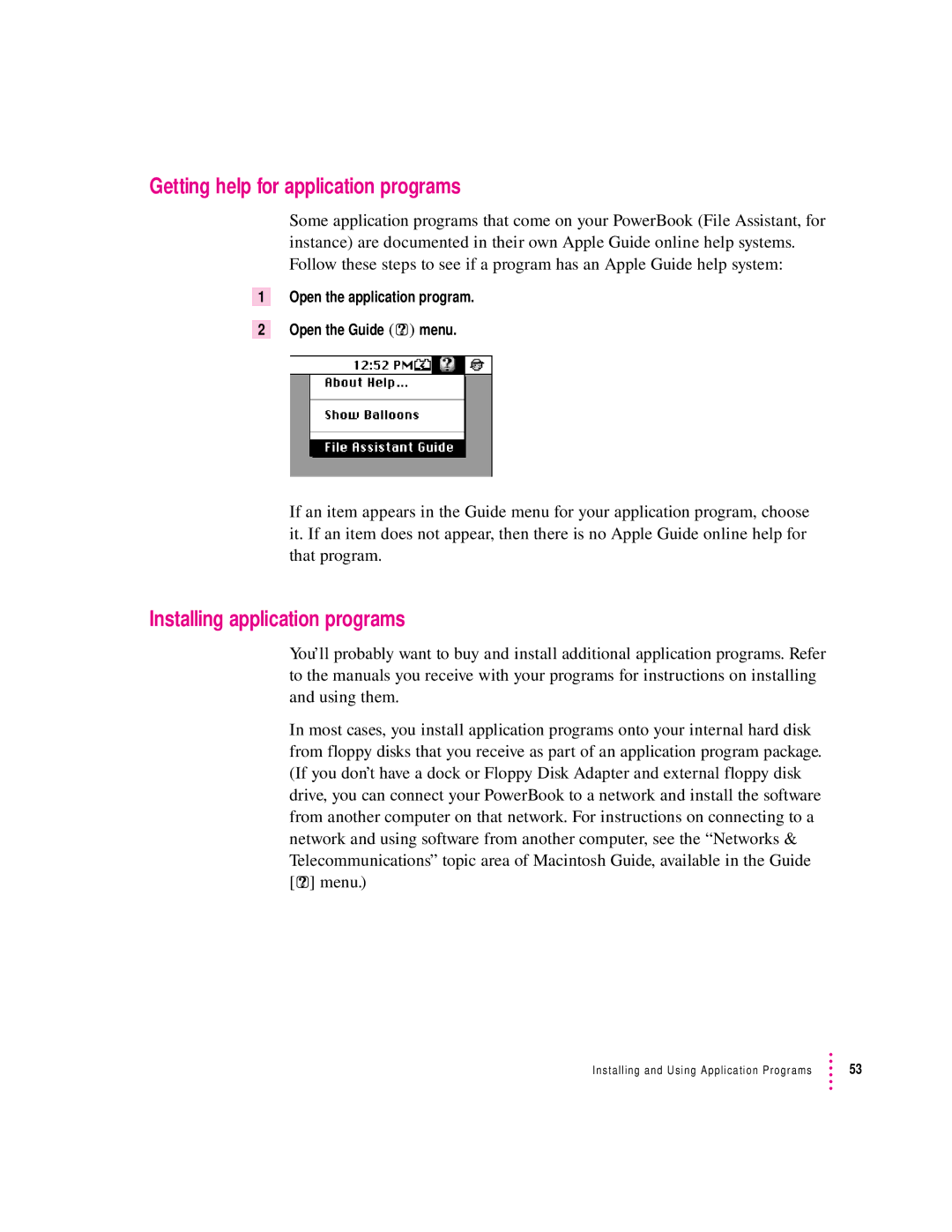 Apple 2300 Series manual Getting help for application programs, Installing application programs 