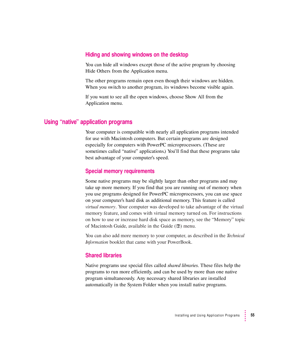 Apple 2300 Series manual Using native application programs, Hiding and showing windows on the desktop, Shared libraries 