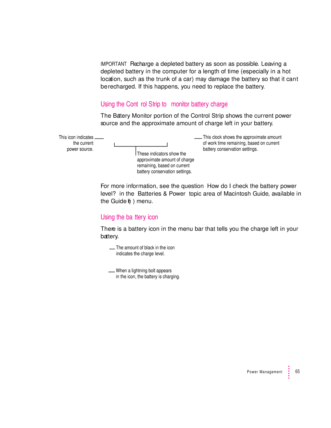 Apple 2300 Series manual Using the Control Strip to monitor battery charge, Using the battery icon 