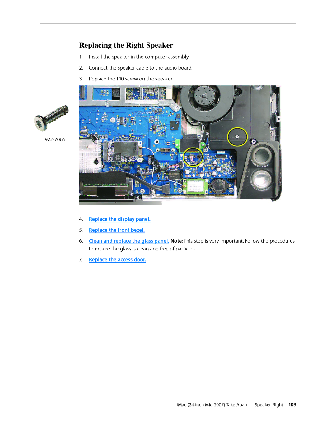 Apple 24-inch mid 2007 manual Replacing the Right Speaker 