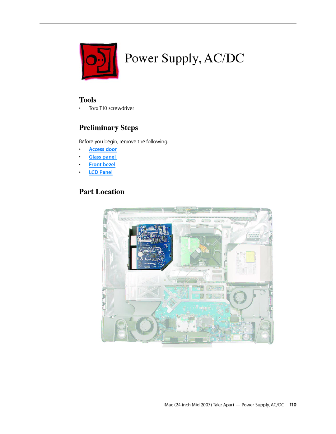 Apple 24-inch mid 2007 manual Power Supply, AC/DC, Tools 