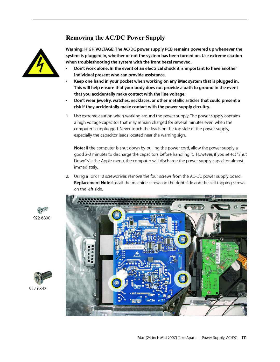 Apple 24-inch mid 2007 manual Removing the AC/DC Power Supply 