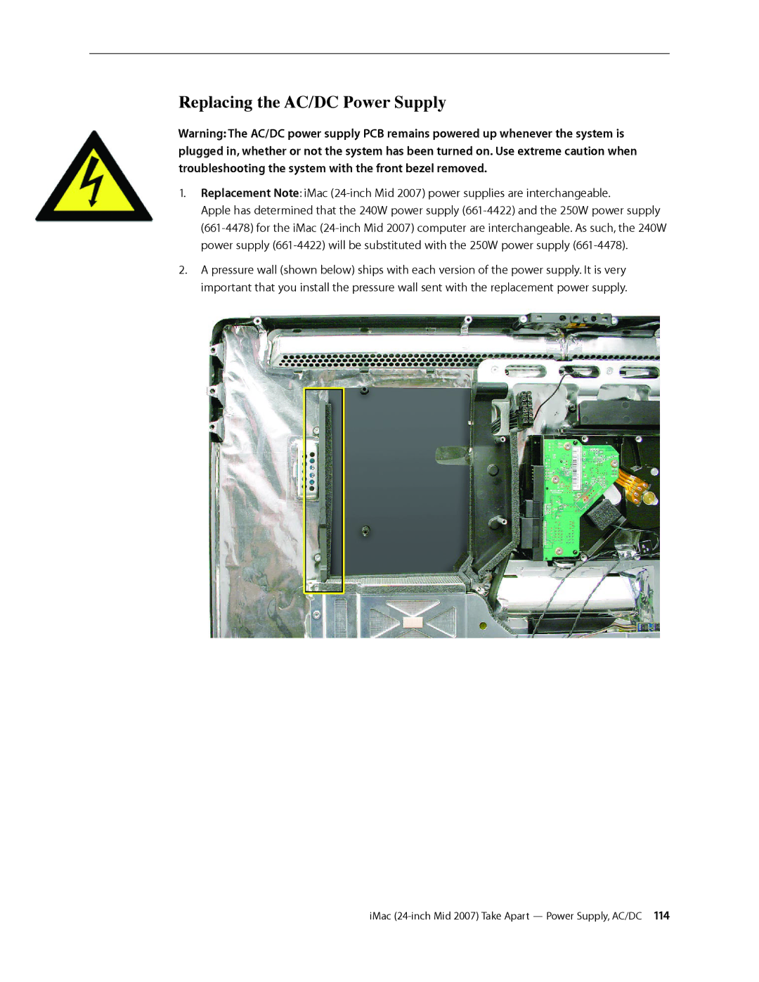 Apple 24-inch mid 2007 manual Replacing the AC/DC Power Supply 