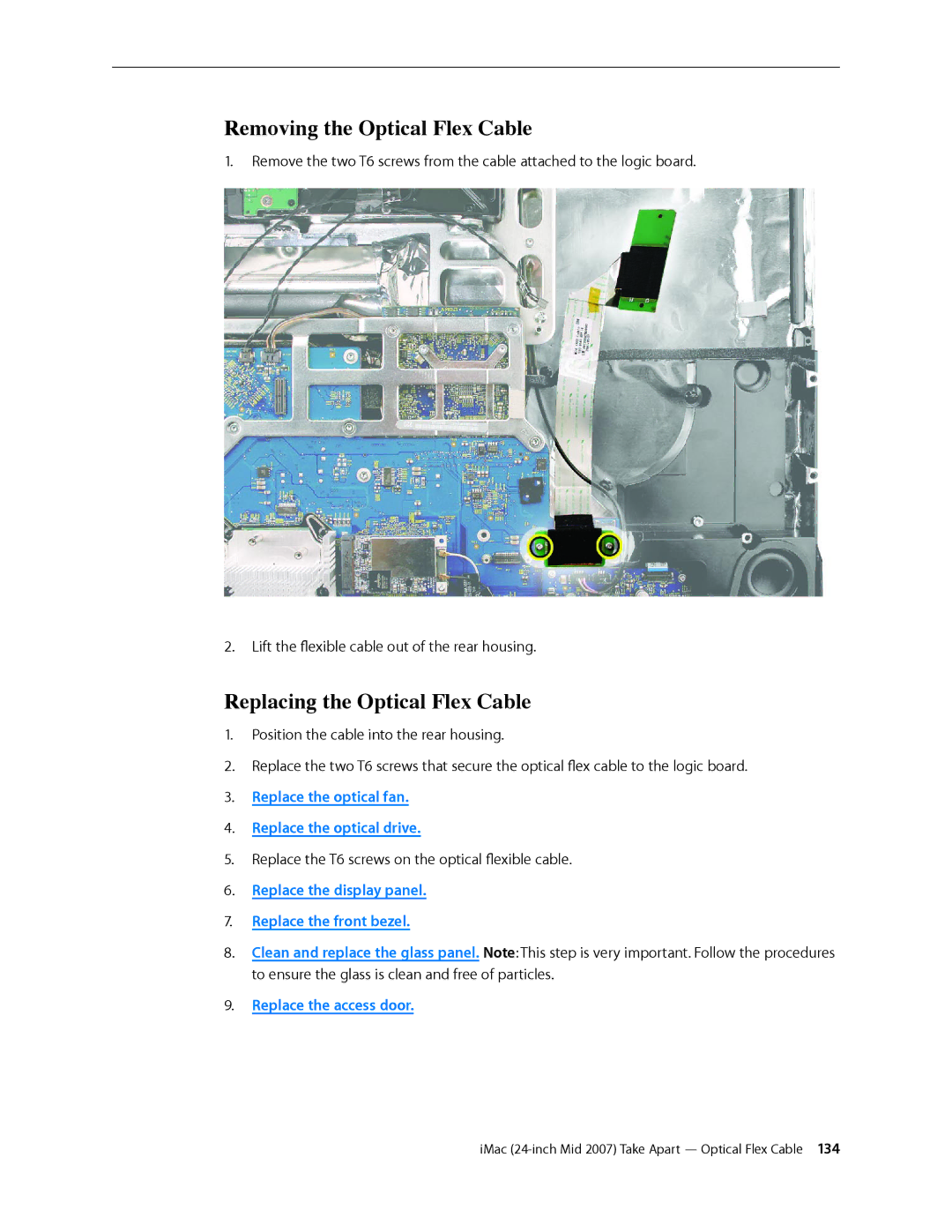 Apple 24-inch mid 2007 manual Removing the Optical Flex Cable, Replacing the Optical Flex Cable 