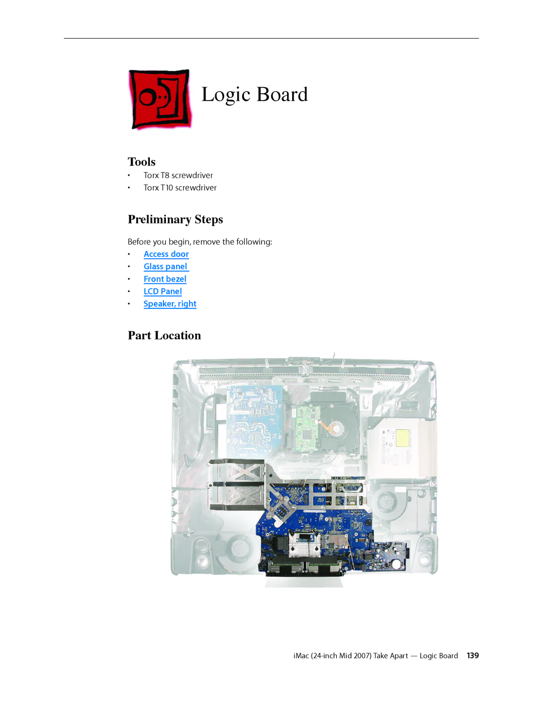 Apple 24-inch mid 2007 manual Logic Board, Tools 