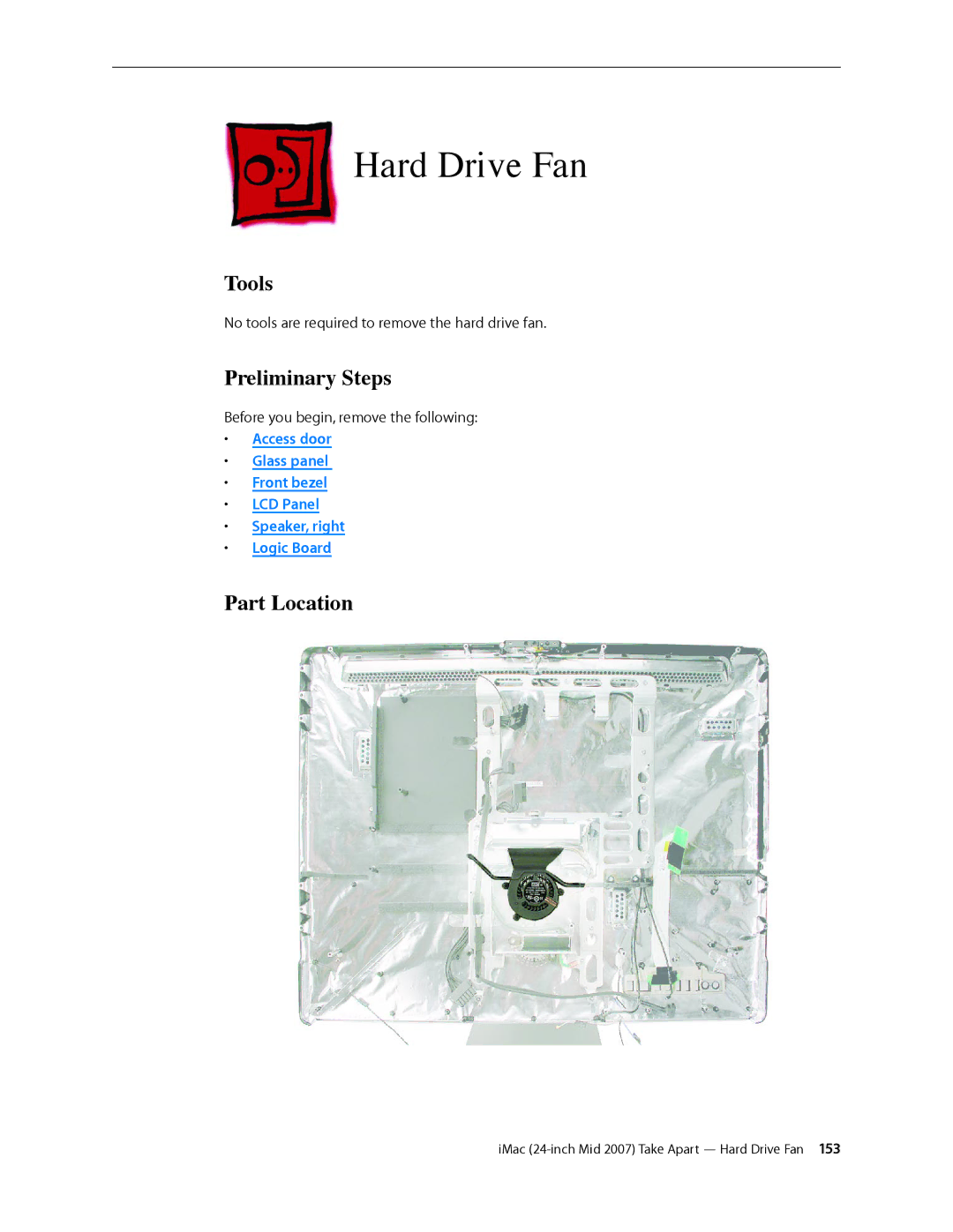 Apple 24-inch mid 2007 manual Hard Drive Fan, Tools 