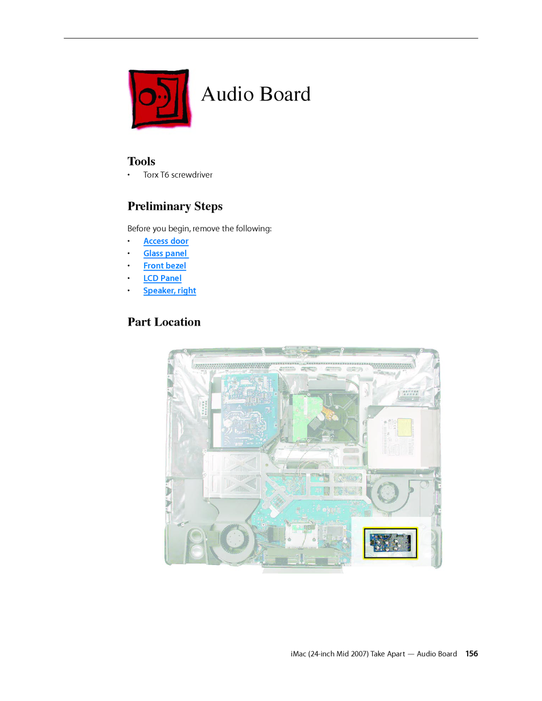 Apple 24-inch mid 2007 manual Audio Board, Tools 