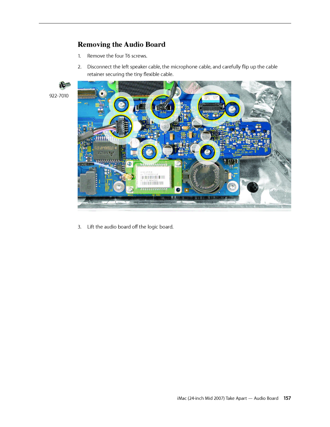Apple 24-inch mid 2007 manual Removing the Audio Board 
