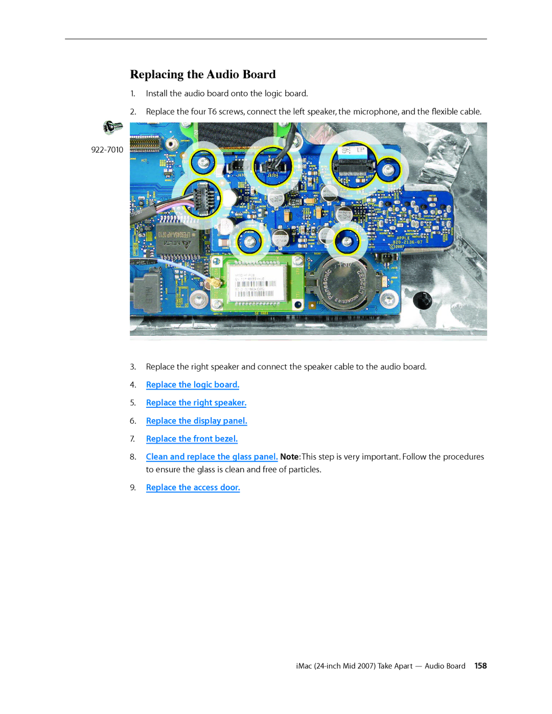 Apple 24-inch mid 2007 manual Replacing the Audio Board 