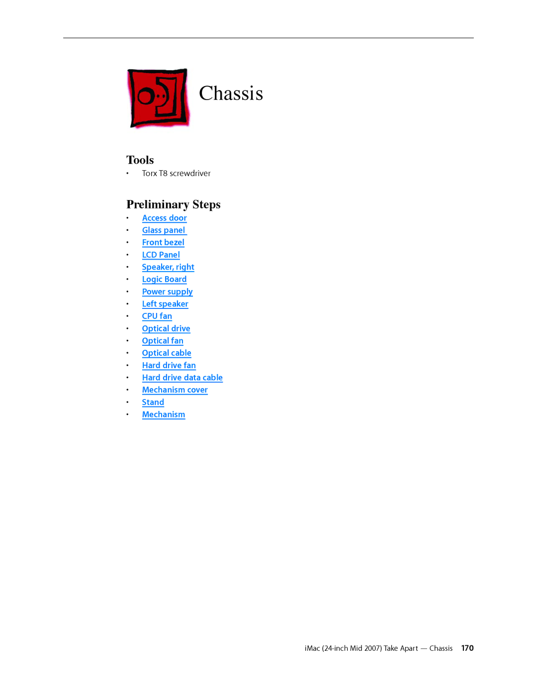Apple 24-inch mid 2007 manual Chassis, Tools 