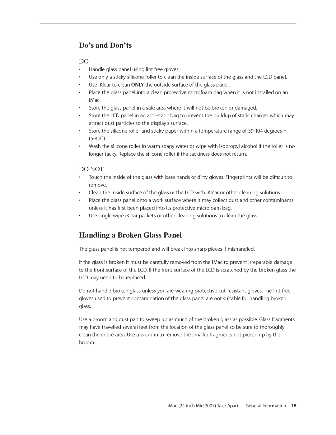 Apple 24-inch mid 2007 manual Do’s and Don’ts, Handling a Broken Glass Panel 