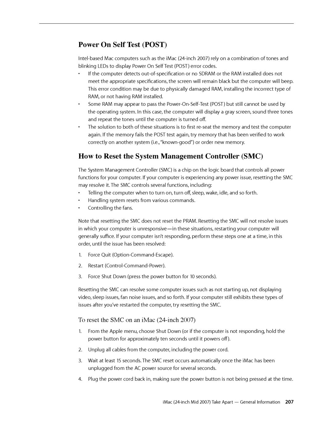 Apple 24-inch mid 2007 manual Power On Self Test Post, How to Reset the System Management Controller SMC 