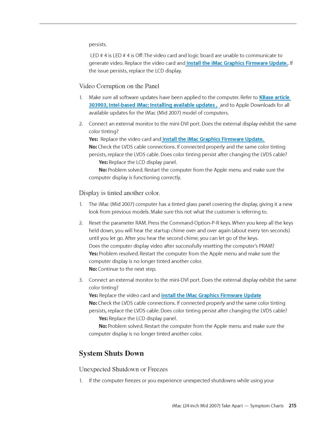Apple 24-inch mid 2007 manual System Shuts Down, Video Corruption on the Panel, Display is tinted another color 