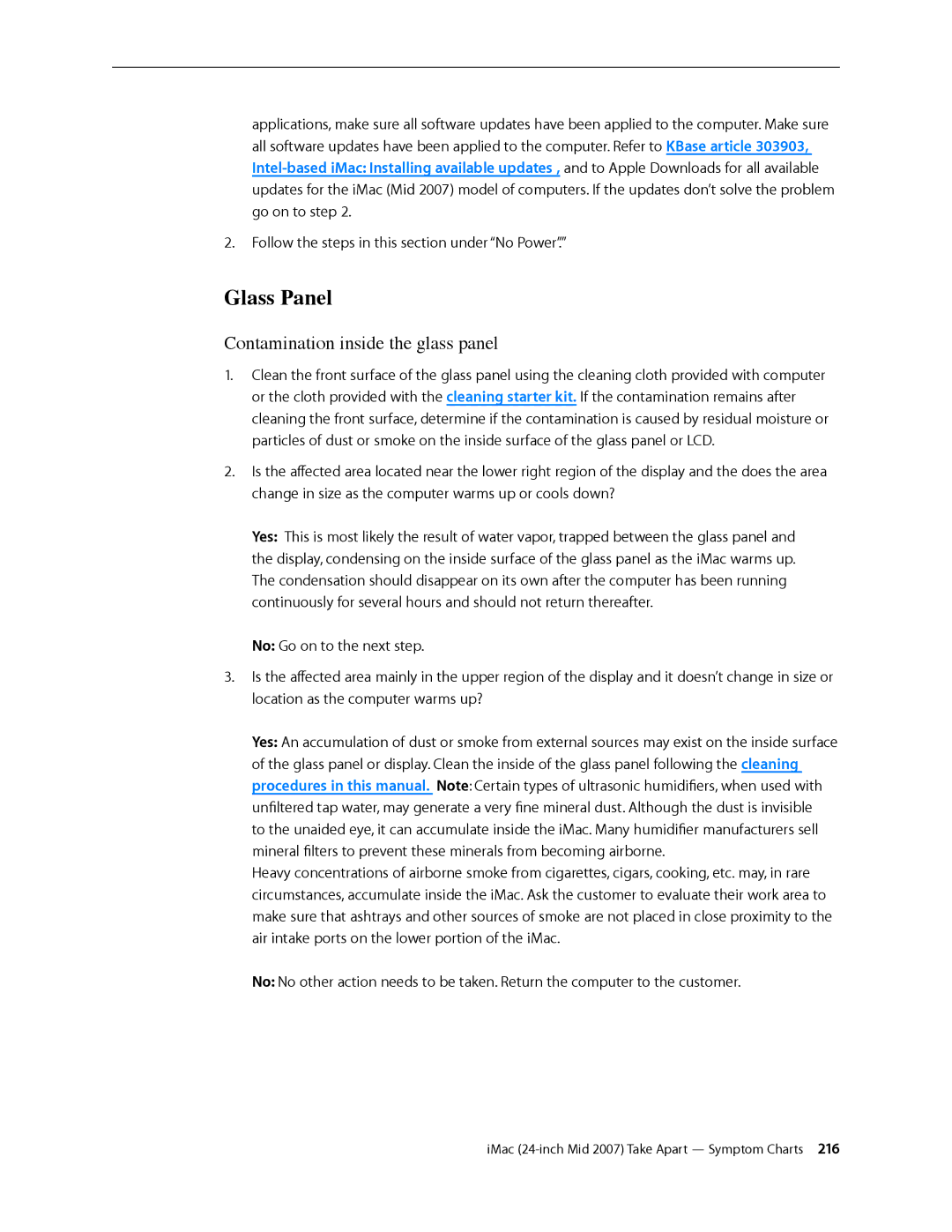 Apple 24-inch mid 2007 manual Glass Panel, Contamination inside the glass panel 