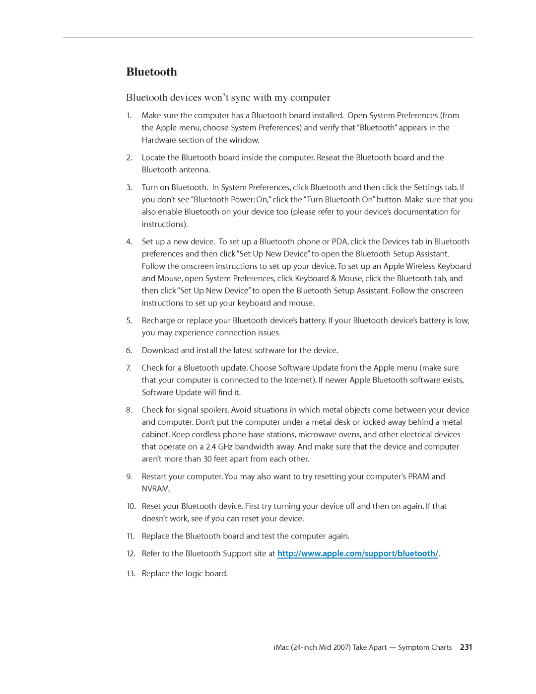Apple 24-inch mid 2007 manual Bluetooth devices won’t sync with my computer 