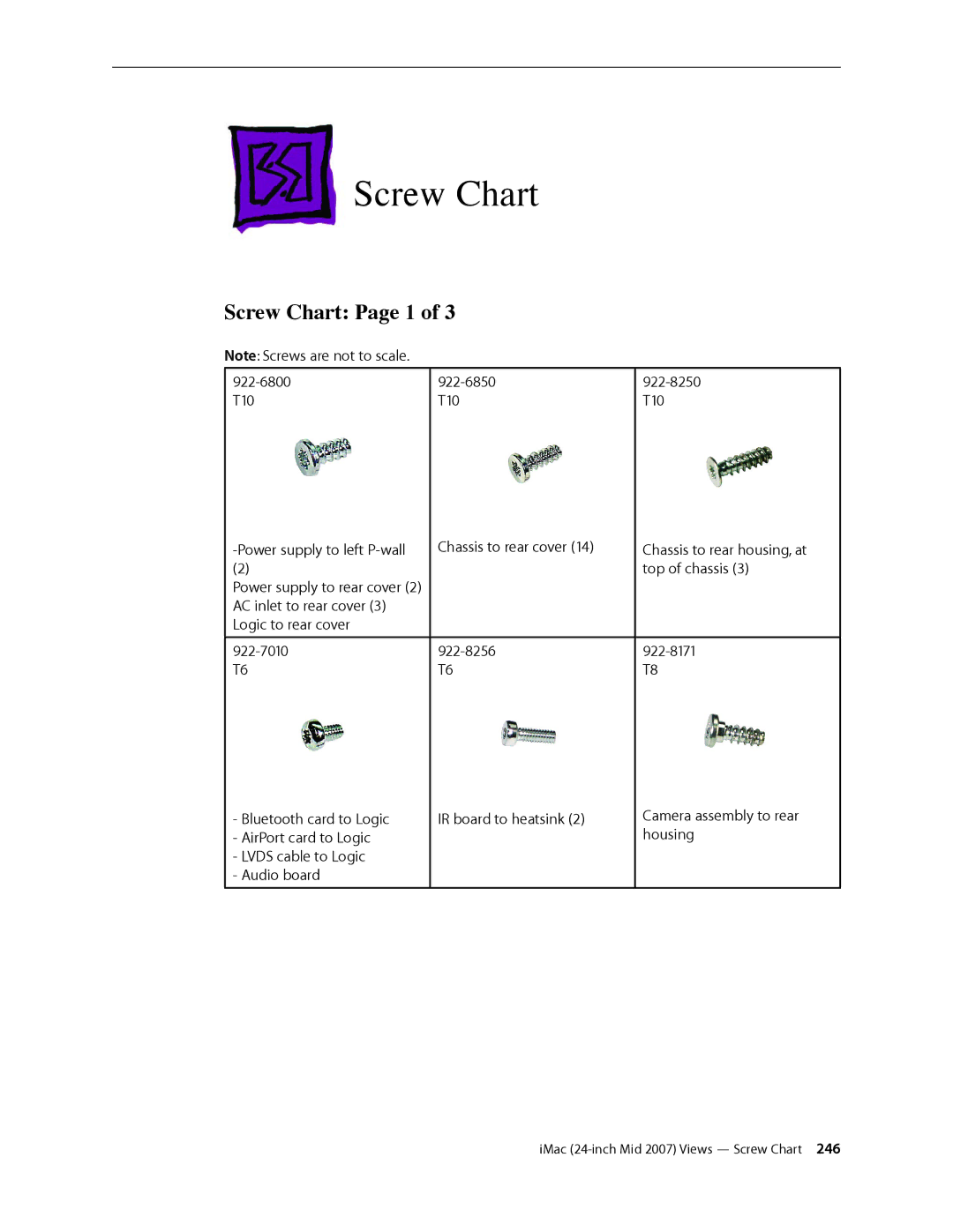 Apple 24-inch mid 2007 manual Screw Chart Page 1 