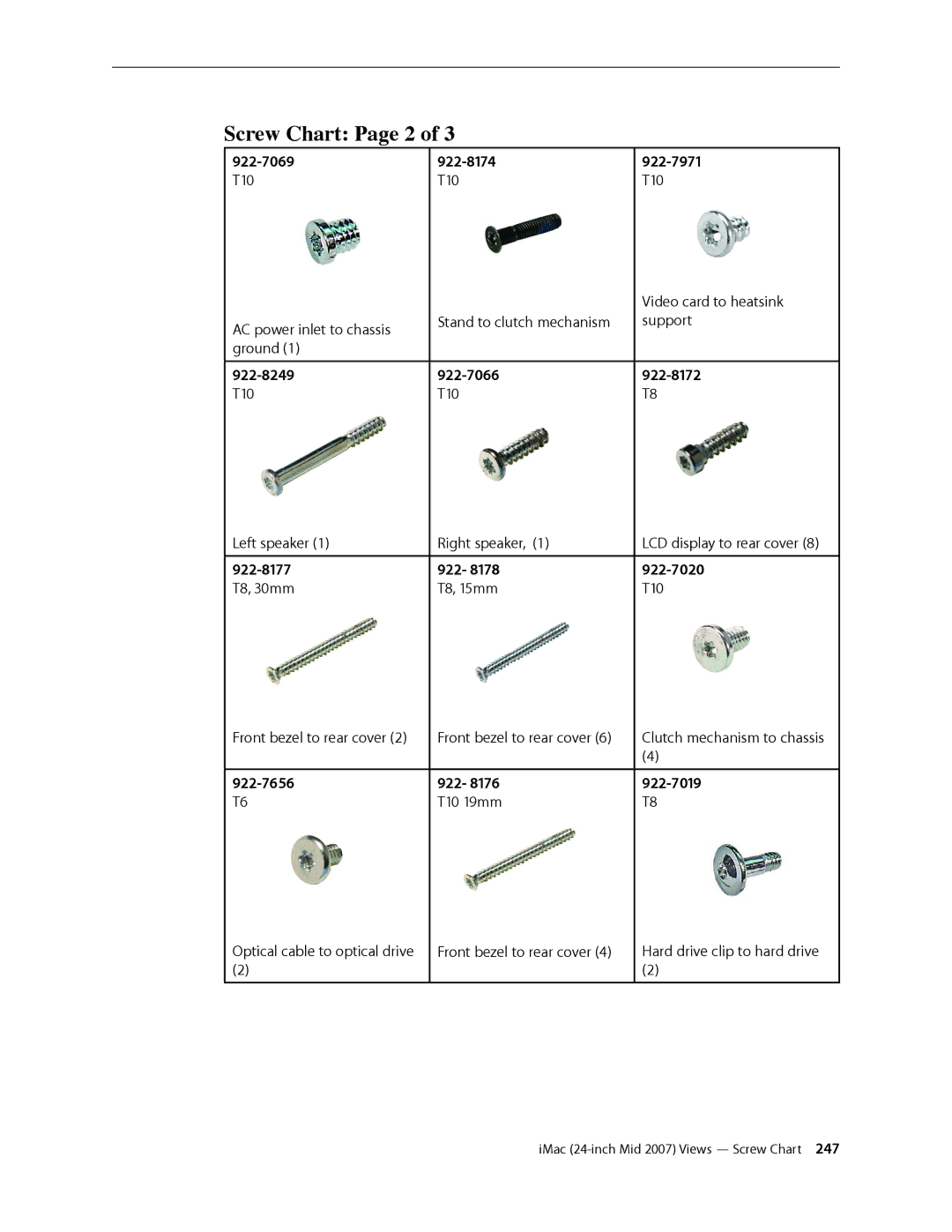 Apple 24-inch mid 2007 manual Screw Chart Page 2, 922-7069 922-8174 922-7971 