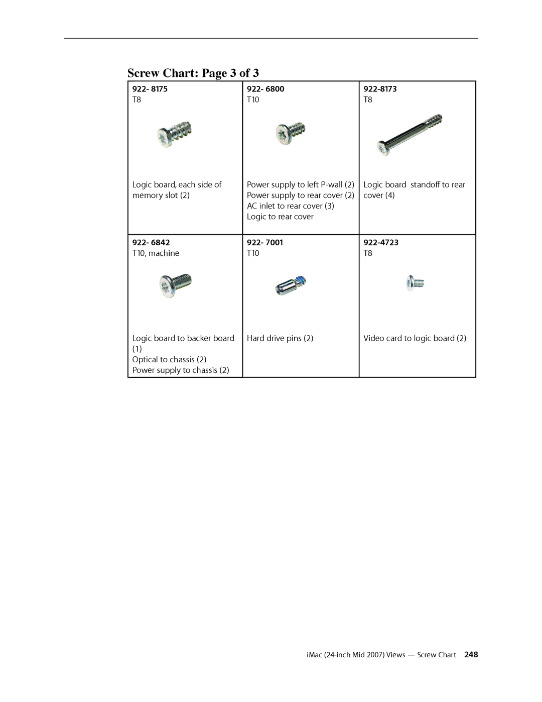 Apple 24-inch mid 2007 manual Screw Chart Page 3, 922 922-8173 