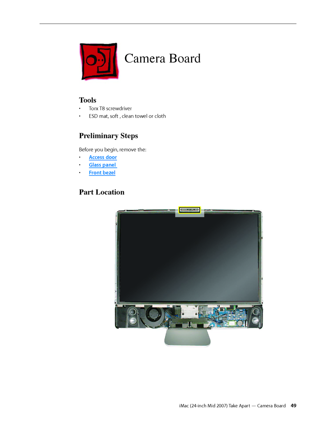 Apple 24-inch mid 2007 manual Camera Board, Tools 